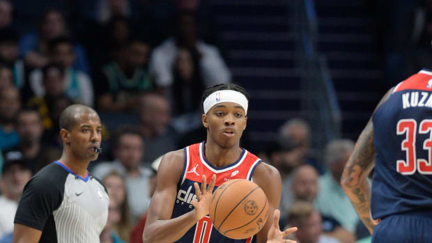 Washington Wizards forward Bilal Coulibaly (0) catches a pass during the first half against the Charlotte Hornets at the Spectrum Center.